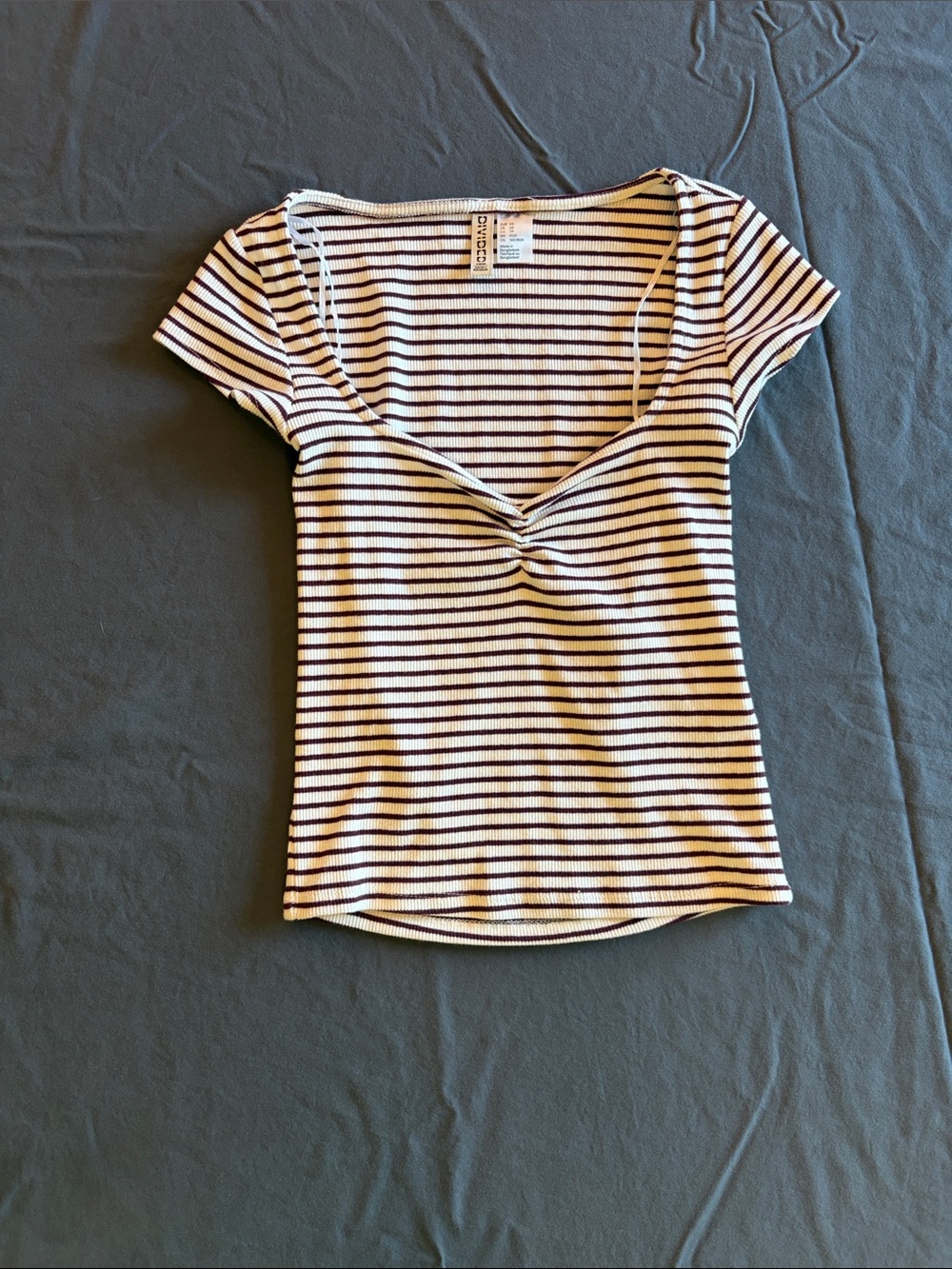 H&M White and Black Striped Knot-Front Short Sleeve Top